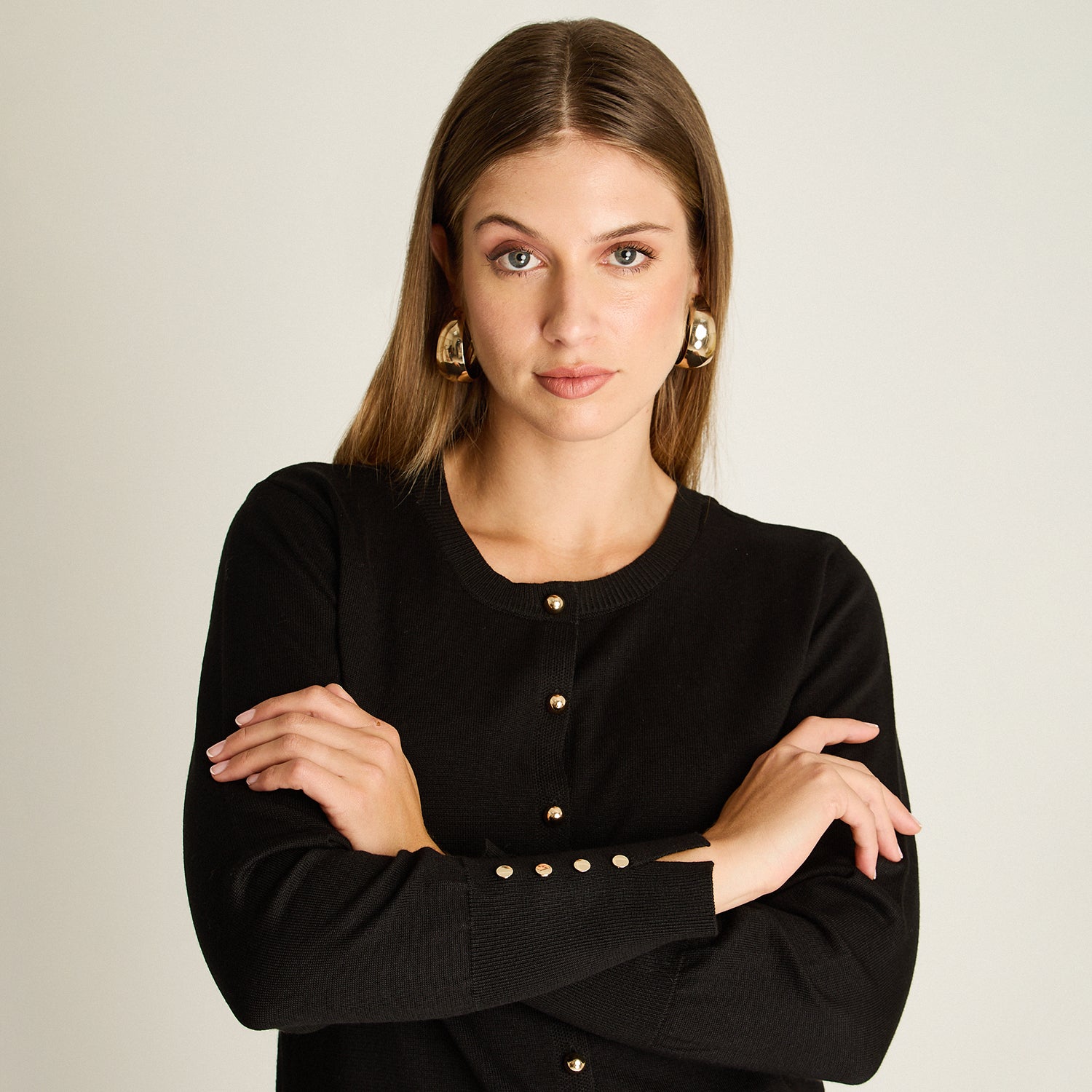 Cardigan Negro Manga Larga Elasticidad Media Sin Forro Calce Normal Tela Tejido