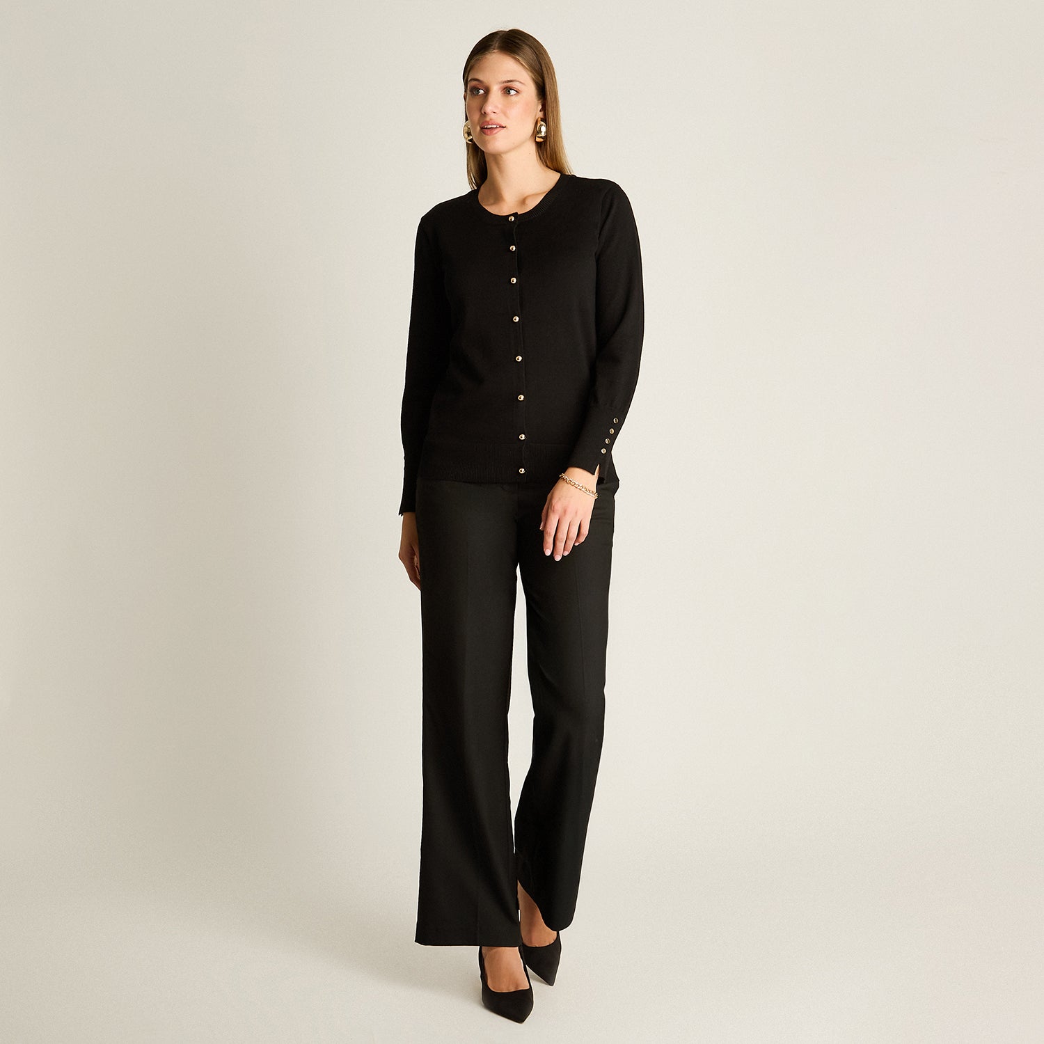 Cardigan Negro Manga Larga Elasticidad Media Sin Forro Calce Normal Tela Tejido