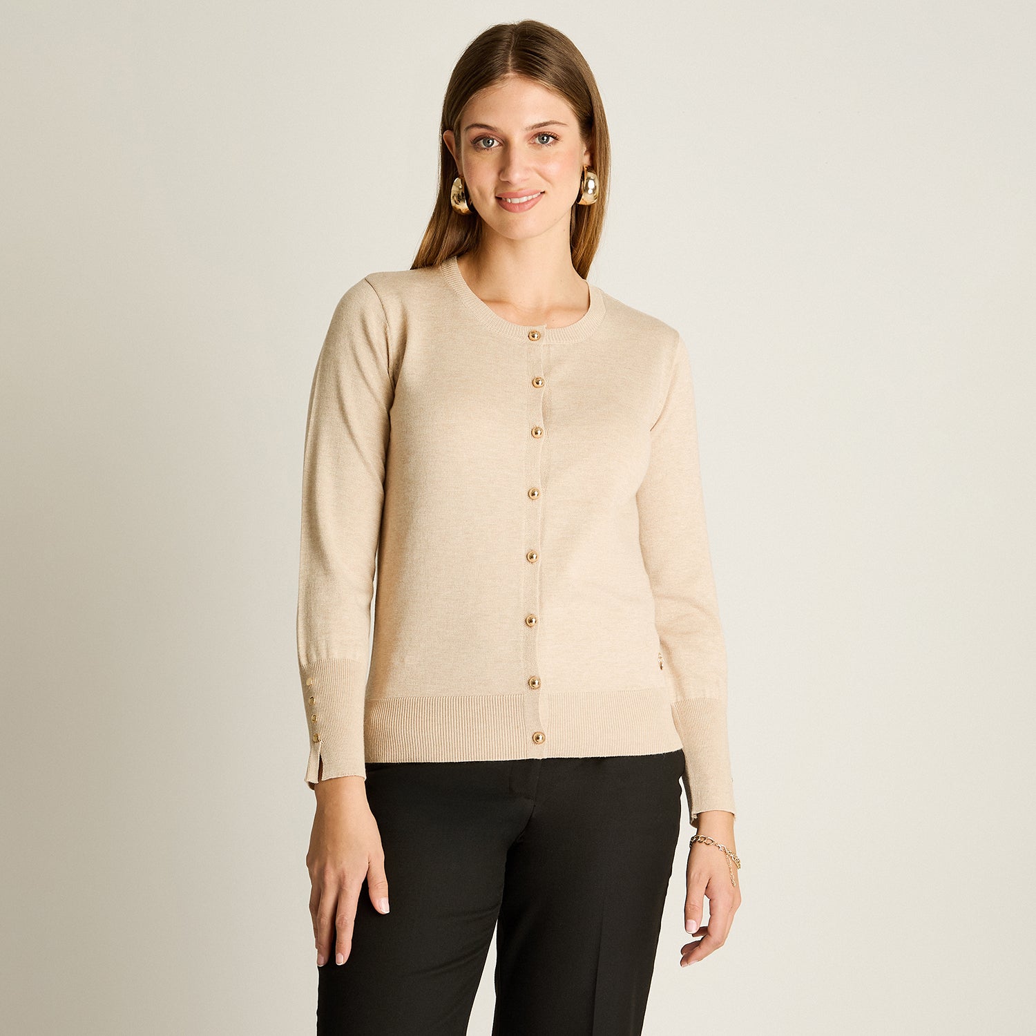 Cardigan Beige Manga Larga Elasticidad Media Sin Forro Calce Normal Tela Tejido