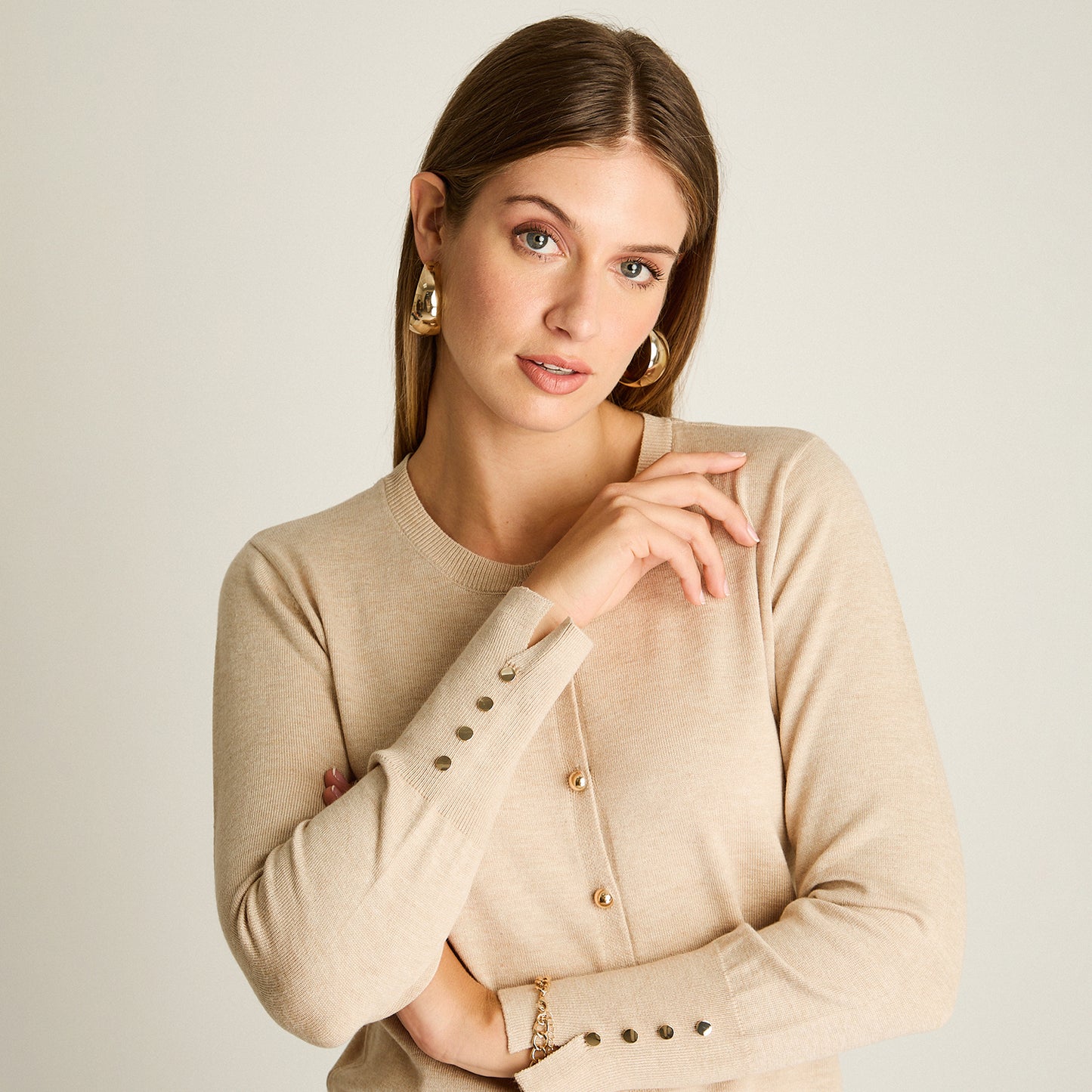 Cardigan Beige Manga Larga Elasticidad Media Sin Forro Calce Normal Tela Tejido