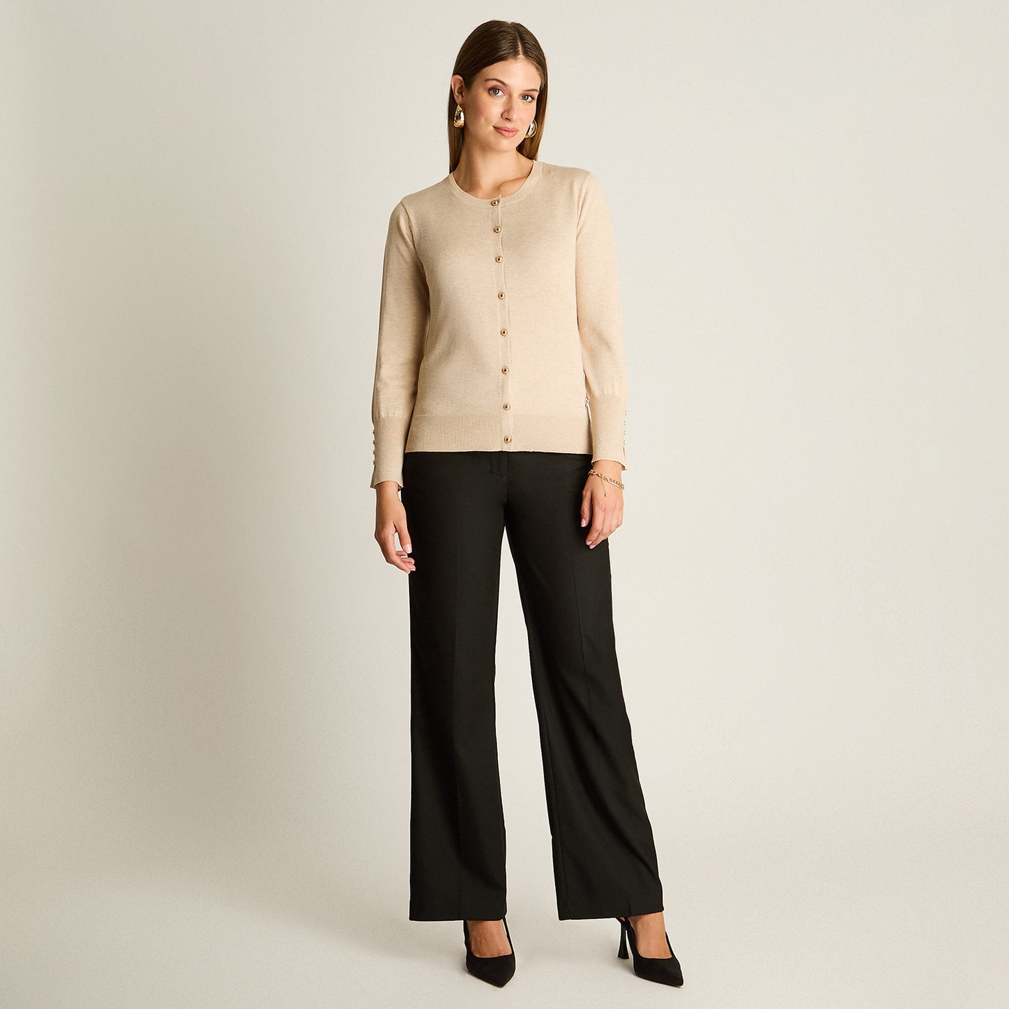 Cardigan Beige Manga Larga Elasticidad Media Sin Forro Calce Normal Tela Tejido