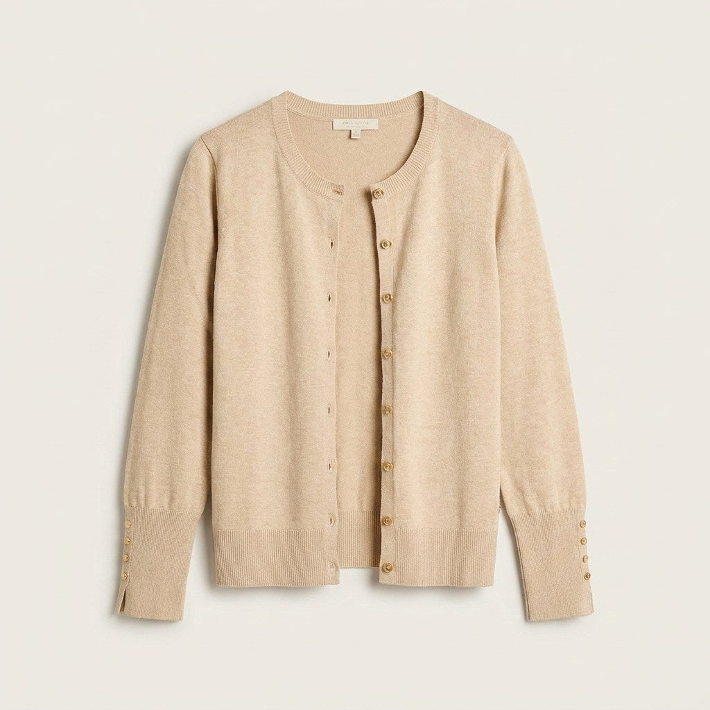 Cardigan Beige Cuello Redondo con Botones Frontales y en Manga en plano