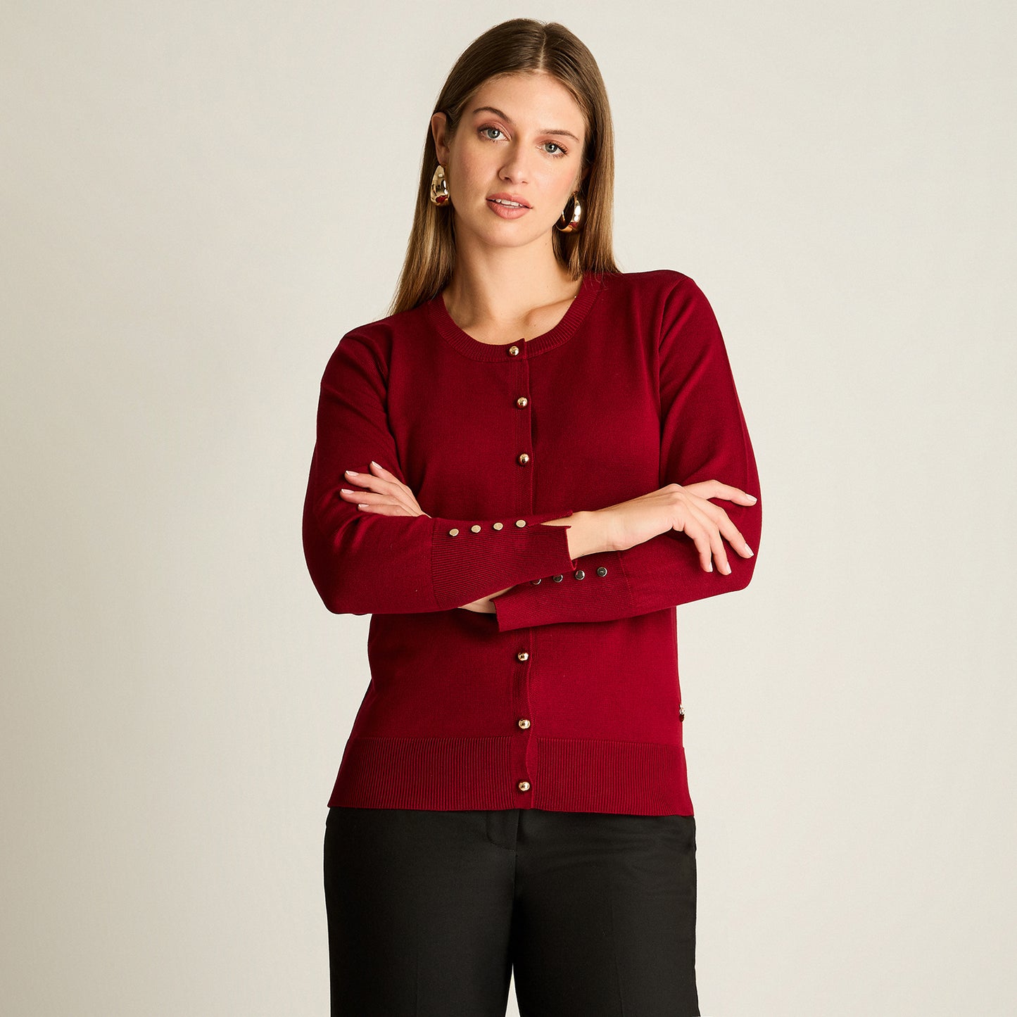 Cardigan Rojo Manga Larga Elasticidad Media Sin Forro Calce Normal Tela Tejido