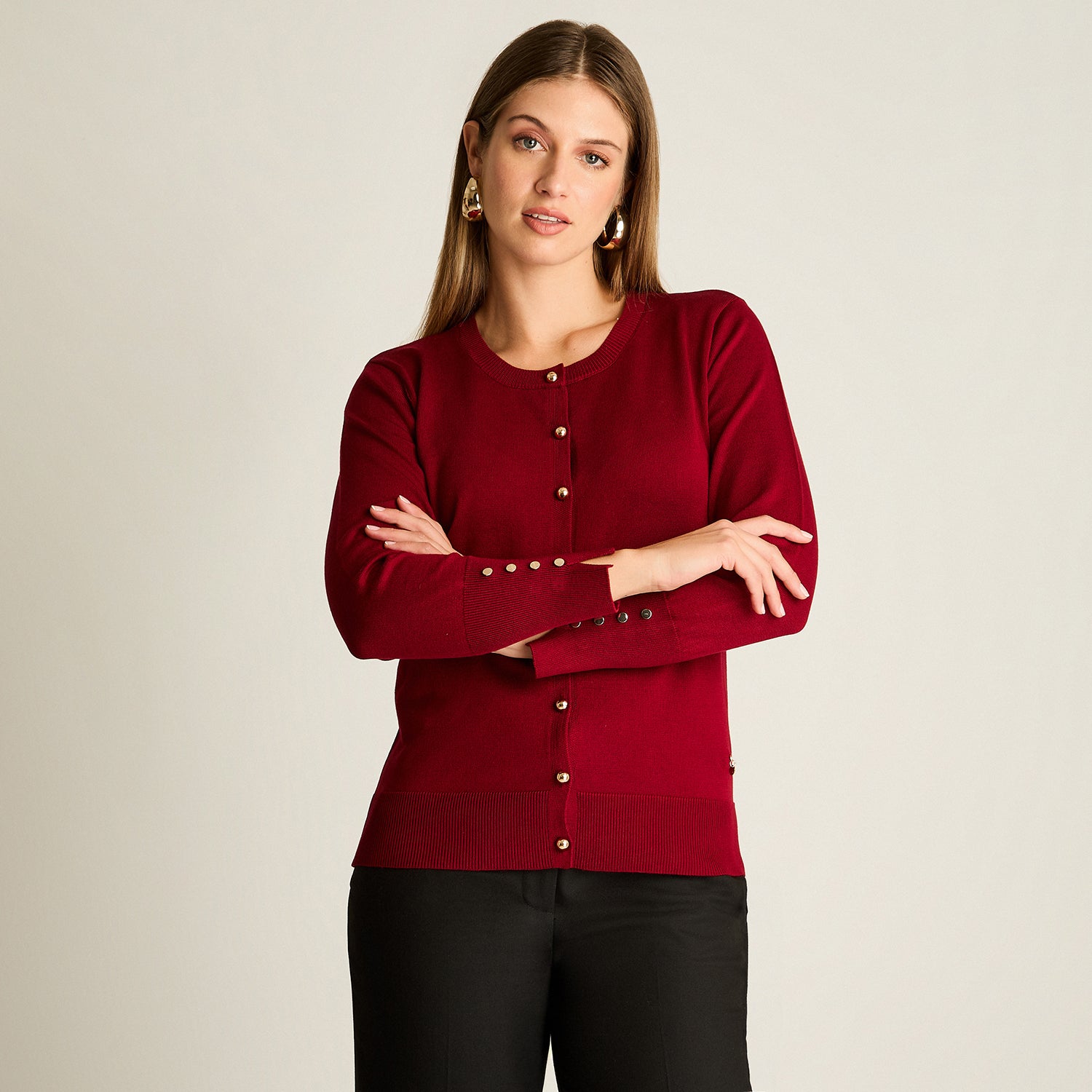 Cardigan Rojo Manga Larga Elasticidad Media Sin Forro Calce Normal Tela Tejido