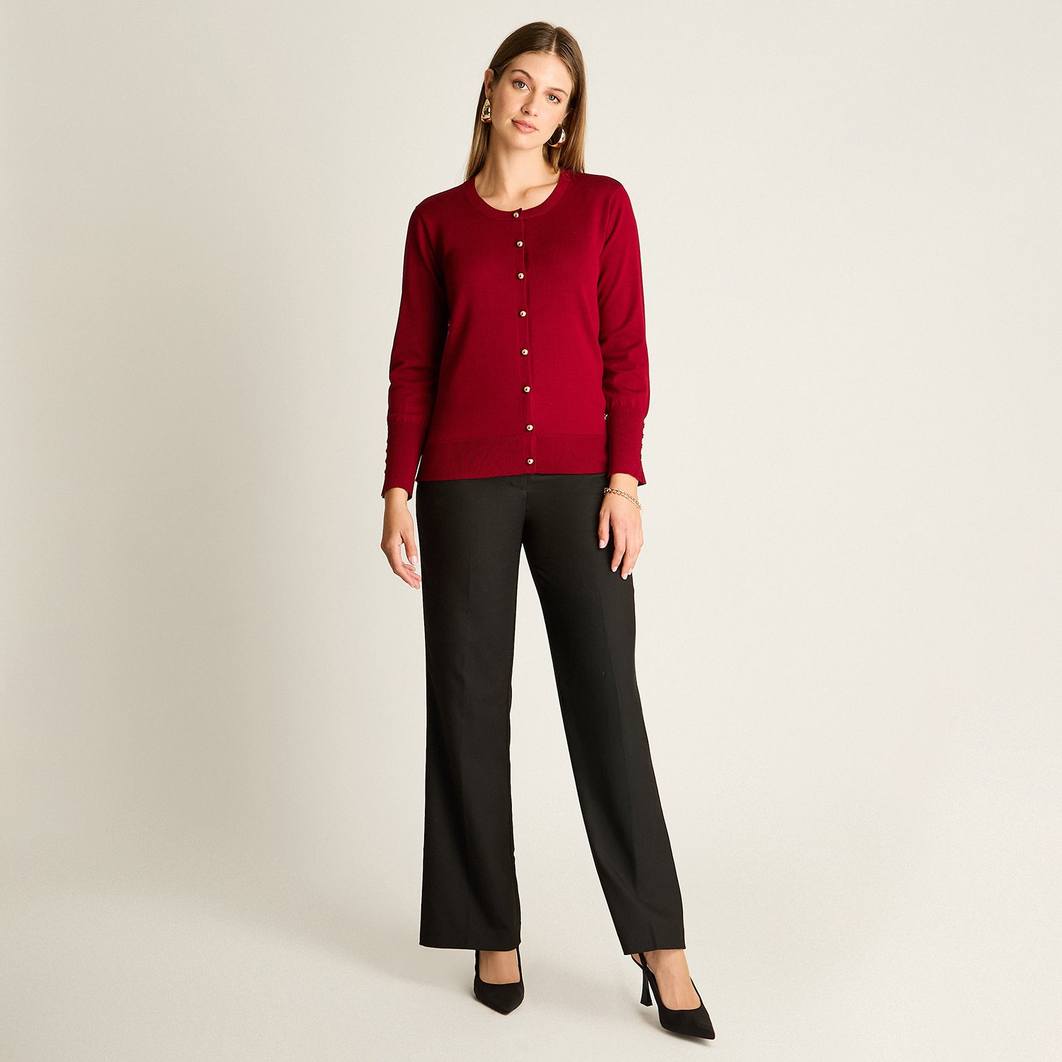 Cardigan Rojo Manga Larga Elasticidad Media Sin Forro Calce Normal Tela Tejido