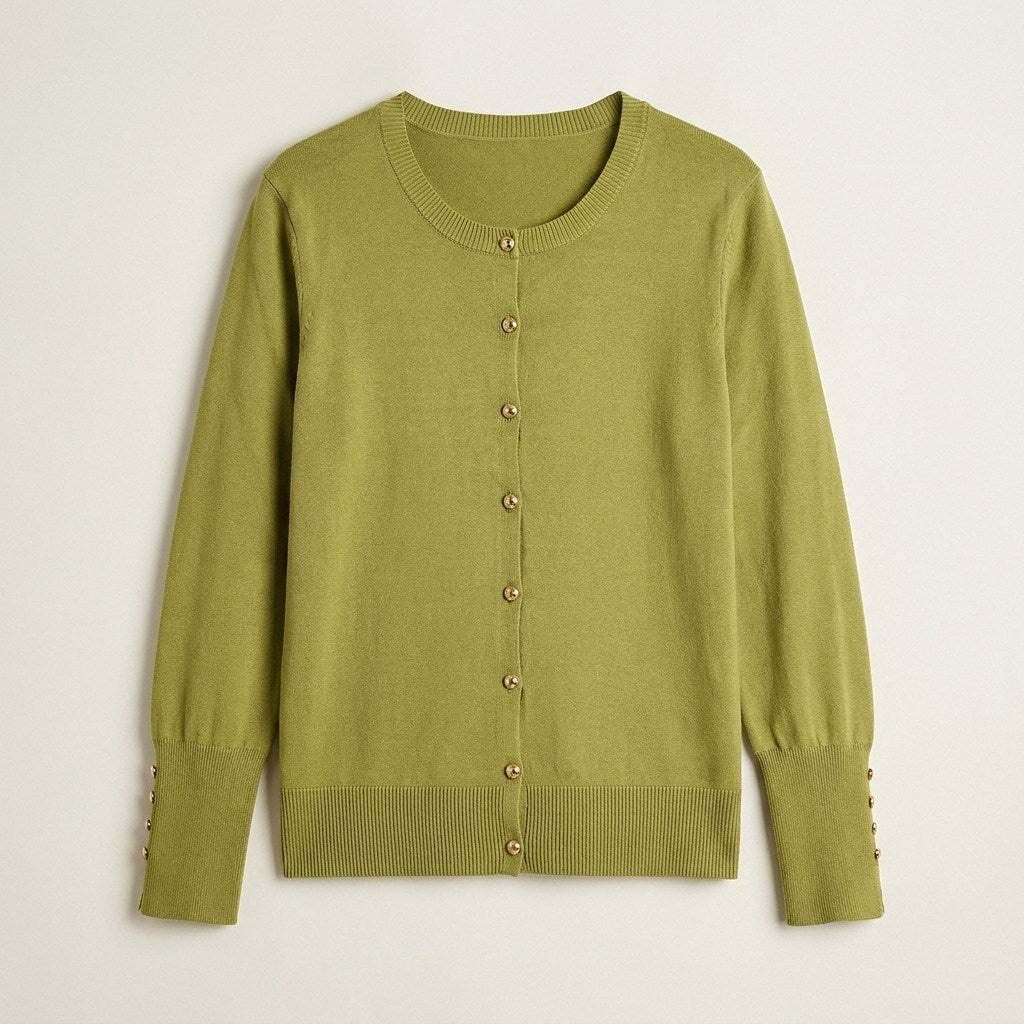 Cardigan Pistacho Cuello Redondo con Botones Frontales y en Manga en plano