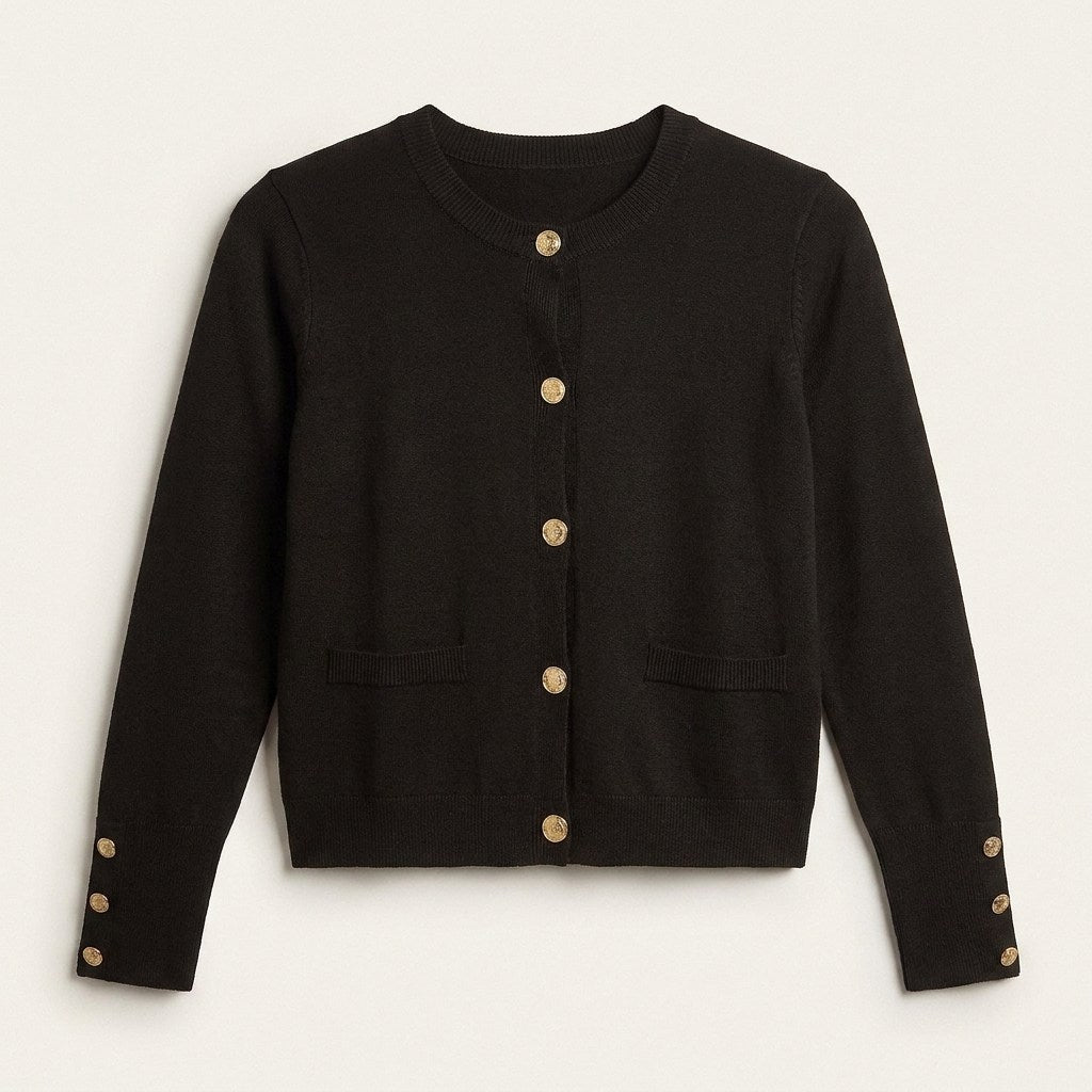 Cardigan Negro con Botones Dorados en Tejido en plano