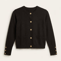 Cardigan Negro con Botones Dorados en Tejido en plano