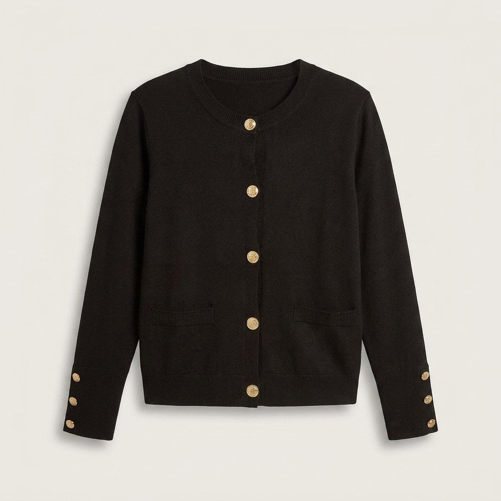 Cardigan Negro con Botones Dorados en Tejido en plano