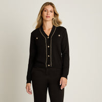 Cardigan Negro Manga Larga Elasticidad Media Sin Forro Calce Normal Tela Tejido