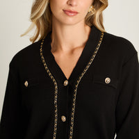 Cardigan Negro Manga Larga Elasticidad Media Sin Forro Calce Normal Tela Tejido