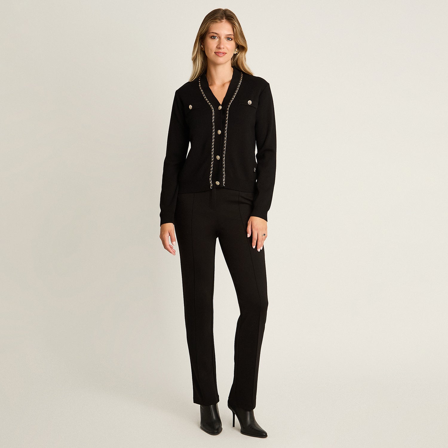Cardigan Negro Manga Larga Elasticidad Media Sin Forro Calce Normal Tela Tejido