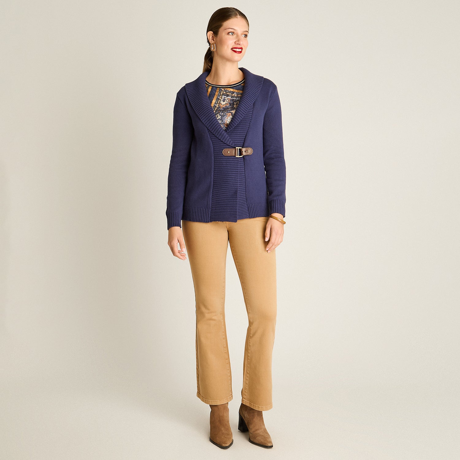 Cardigan Azul Manga Larga Elasticidad Baja Sin Forro Calce Normal Tela Tejido