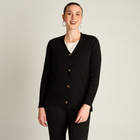 Cardigan Negro Manga Larga Elasticidad Baja Sin Forro Calce Normal Tela Tejido