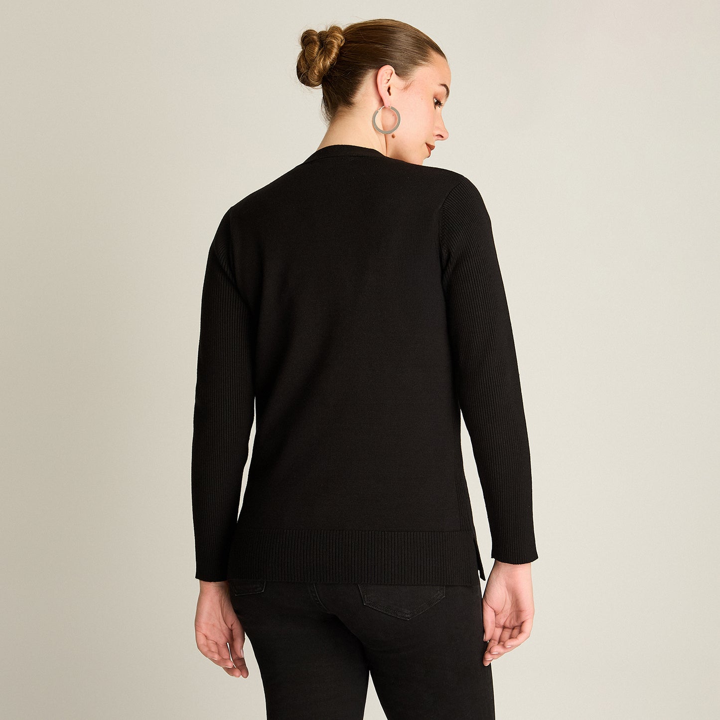 Cardigan Negro Manga Larga Elasticidad Baja Sin Forro Calce Normal Tela Tejido