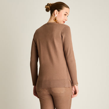 Cardigan Taupe Manga Larga Elasticidad Baja Sin Forro Calce Normal Tela Tejido