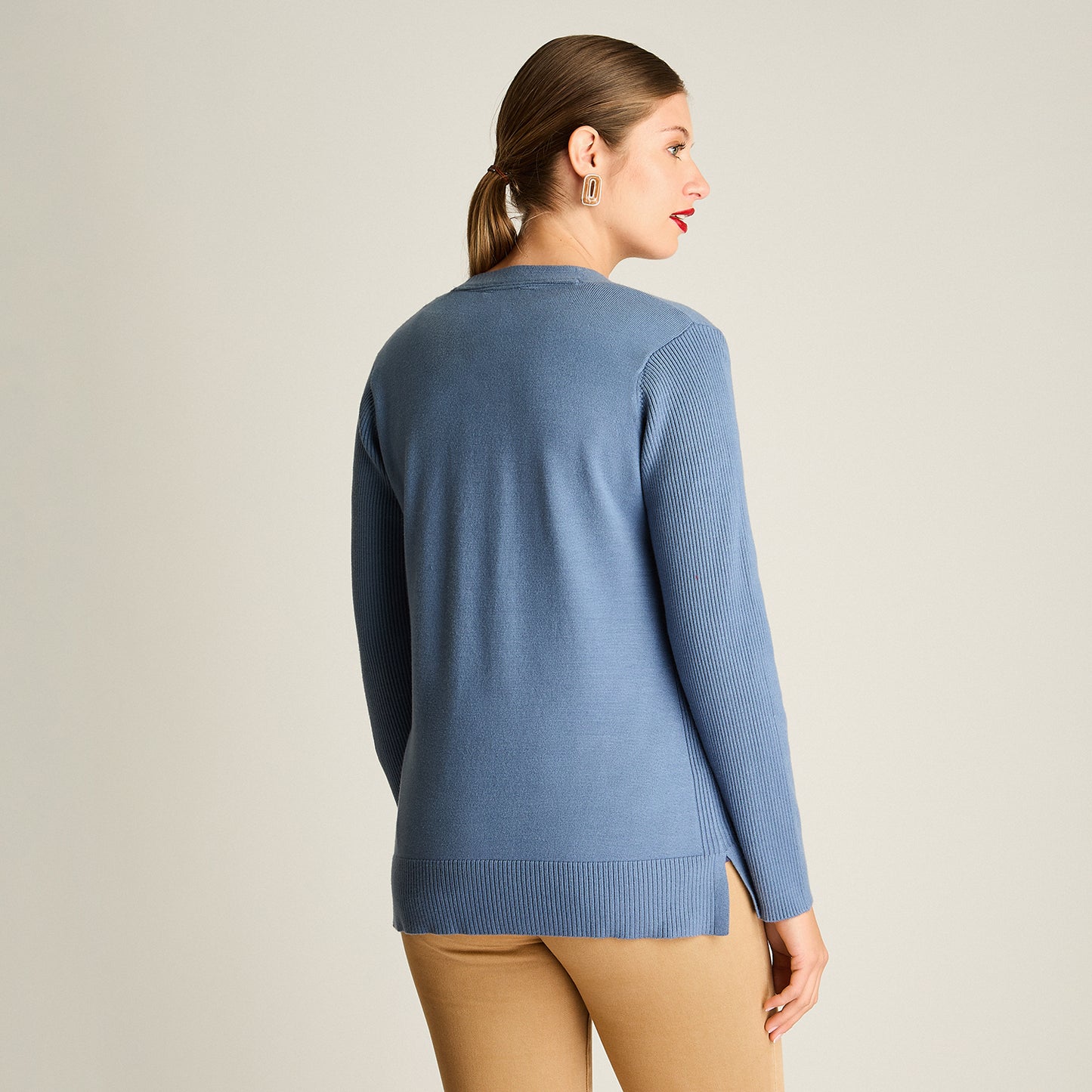 Cardigan Indigo Manga Larga Elasticidad Baja Sin Forro Calce Normal Tela Tejido