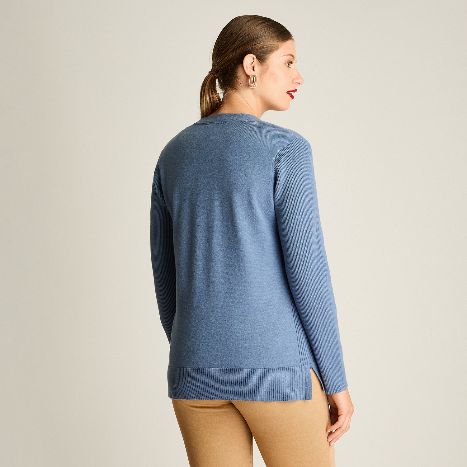 Cardigan Indigo Manga Larga Elasticidad Baja Sin Forro Calce Normal Tela Tejido
