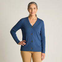 Cardigan Ãndigo Escote V con Botones Carey en modelo adulta