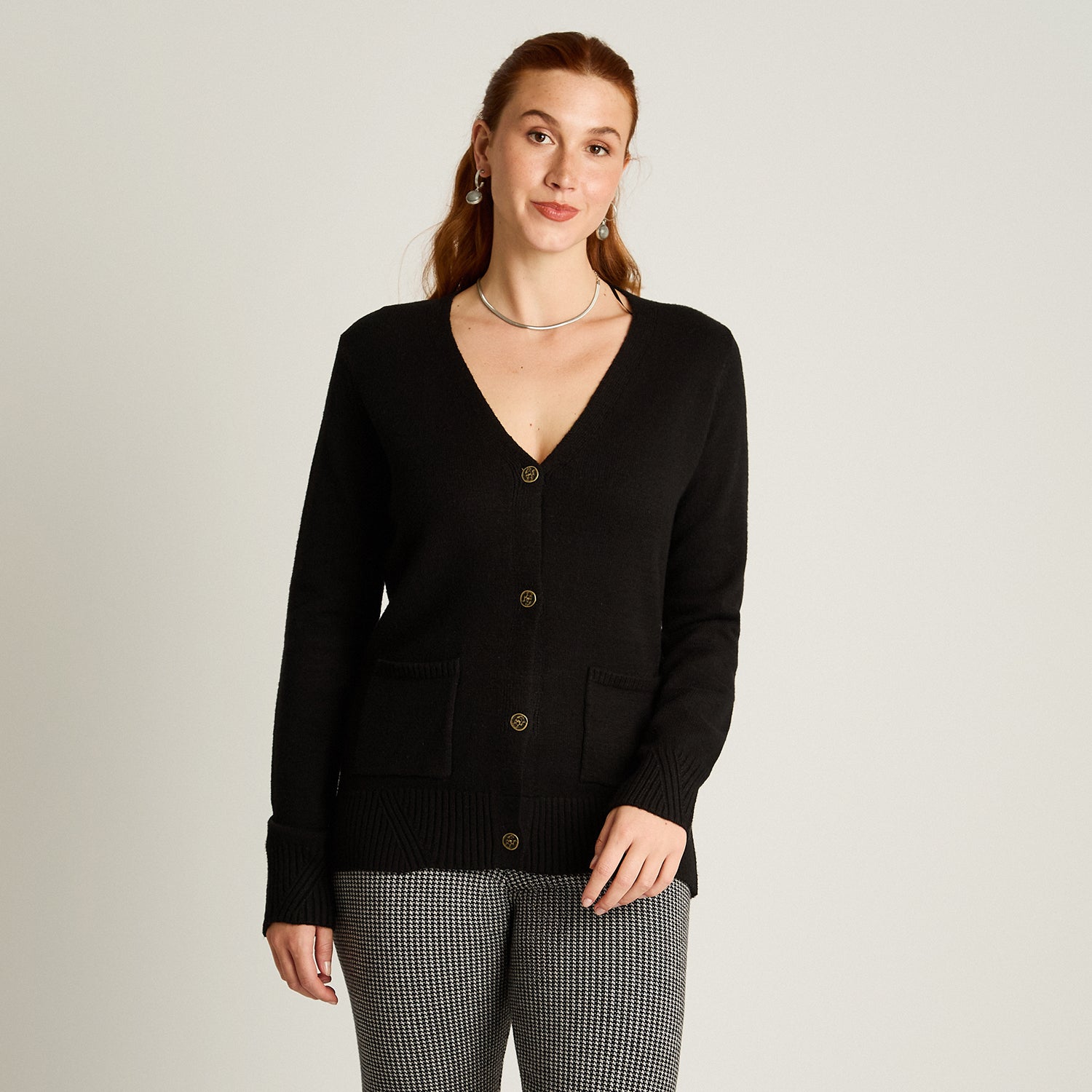 Cardigan Negro Manga Larga Elasticidad Media Sin Forro Calce Normal Tela Tejido