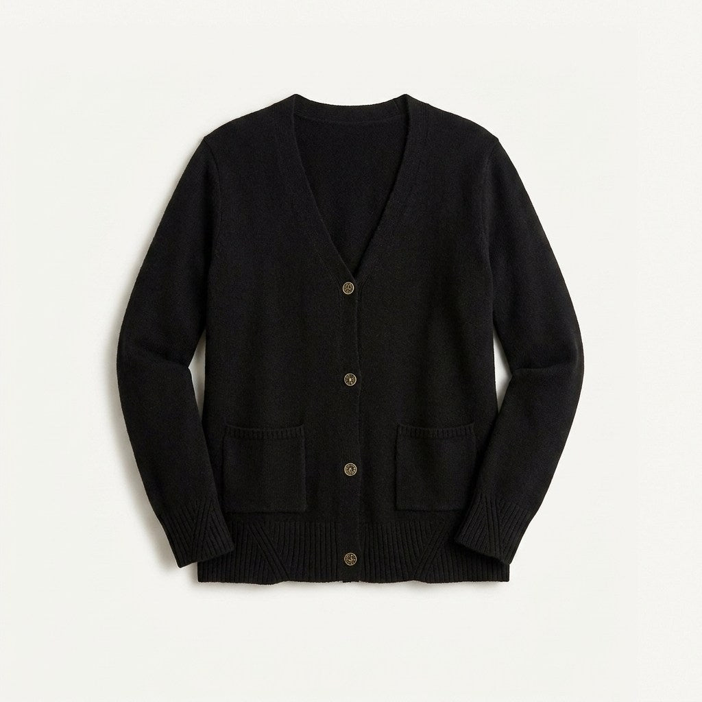 Cardigan Negro Con Cuatro Botones Y Bolsillos en plano