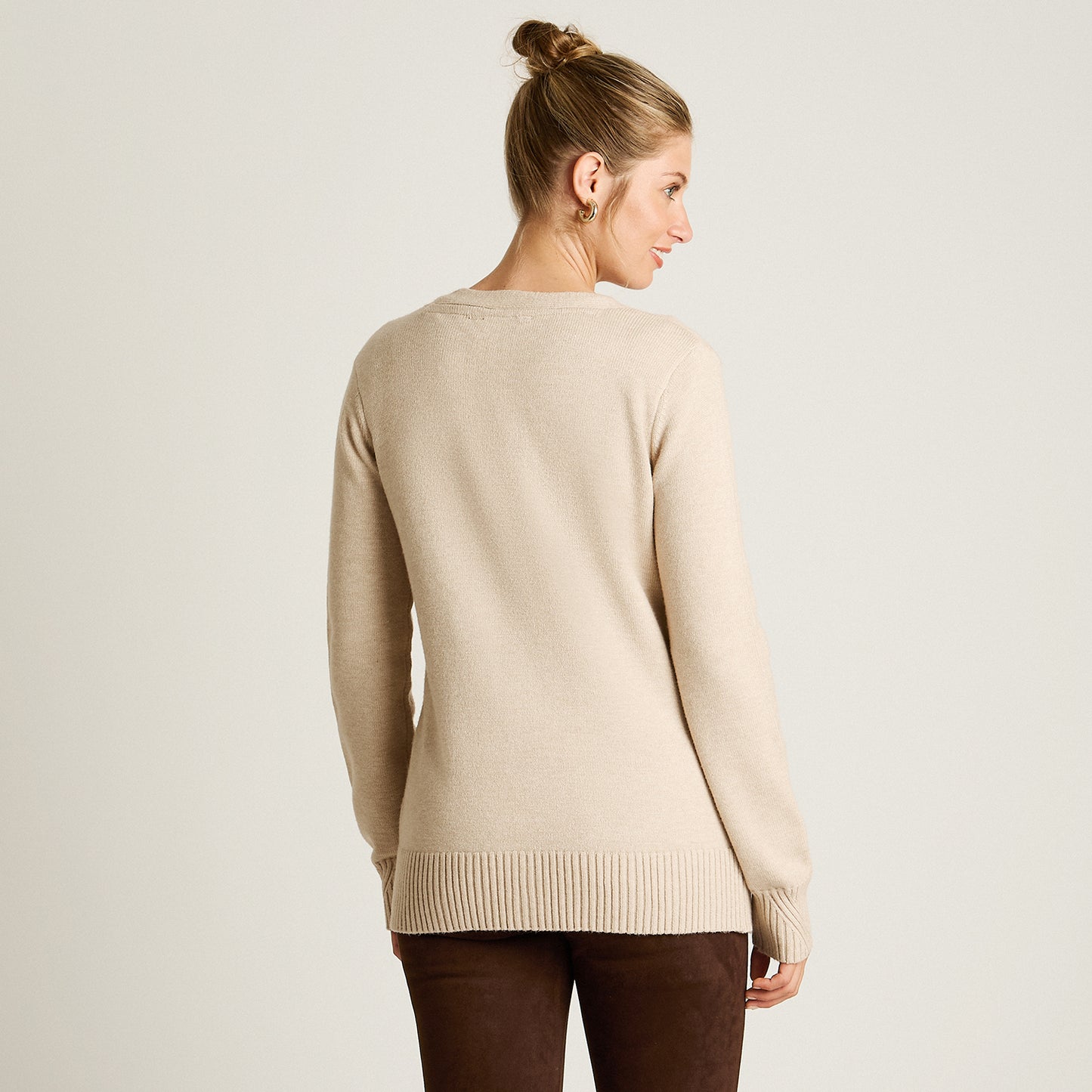Cardigan Beige Manga Larga Elasticidad Media Sin Forro Calce Normal Tela Tejido