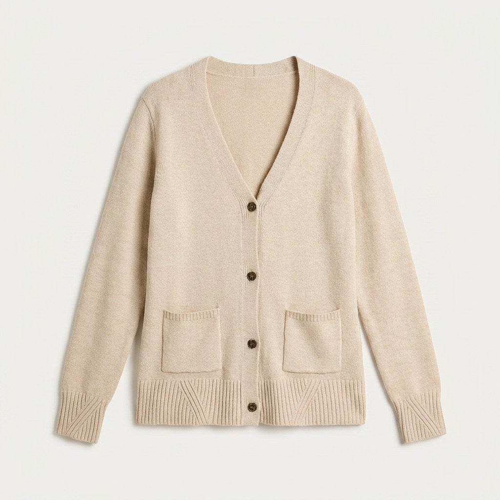 Cardigan Beige Manga Larga Elasticidad Media Sin Forro Calce Normal Tela Tejido en plano