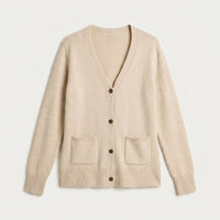 Cardigan Beige Manga Larga Elasticidad Media Sin Forro Calce Normal Tela Tejido en plano