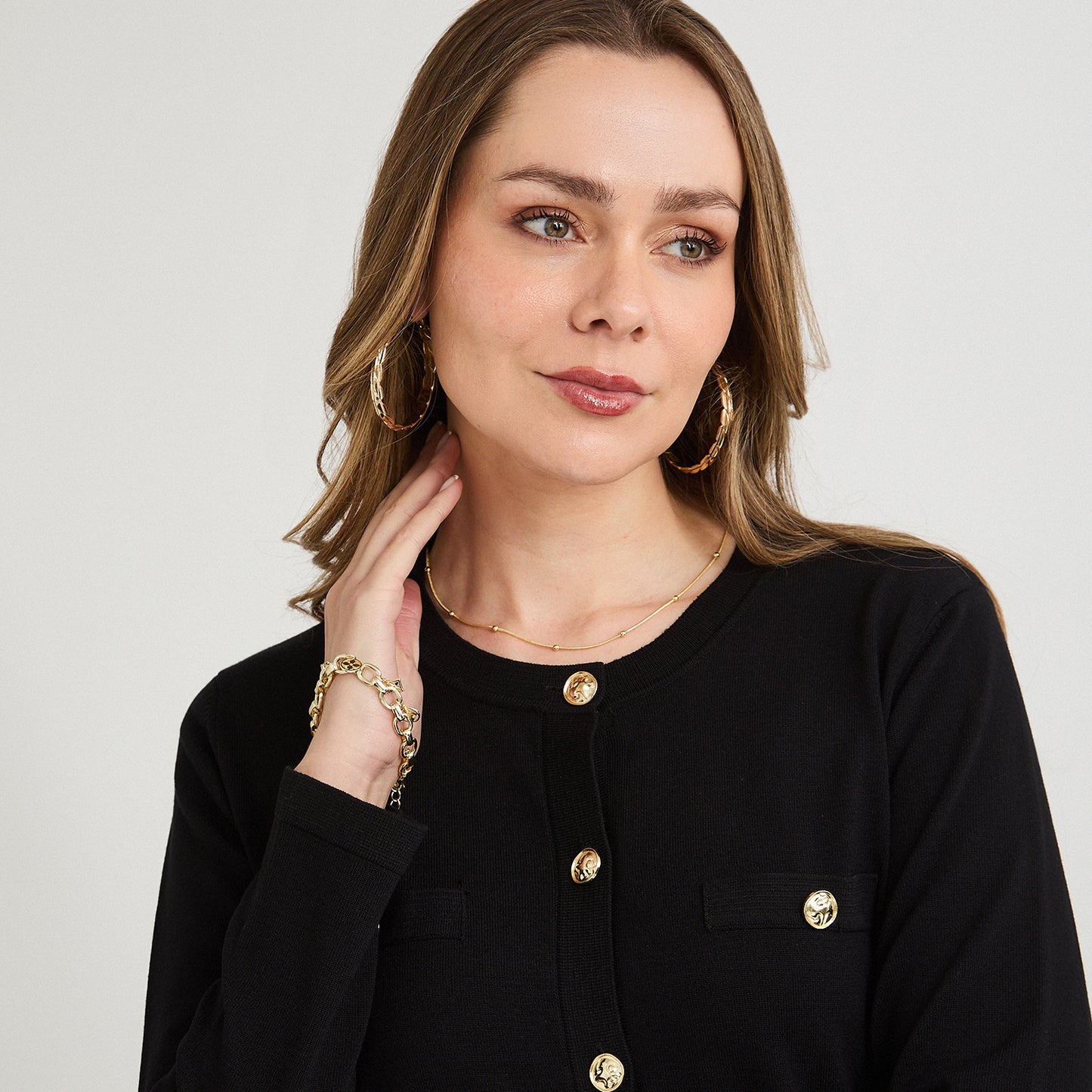 Cardigan Escote Redondo con Bolsillos Falsos Negro