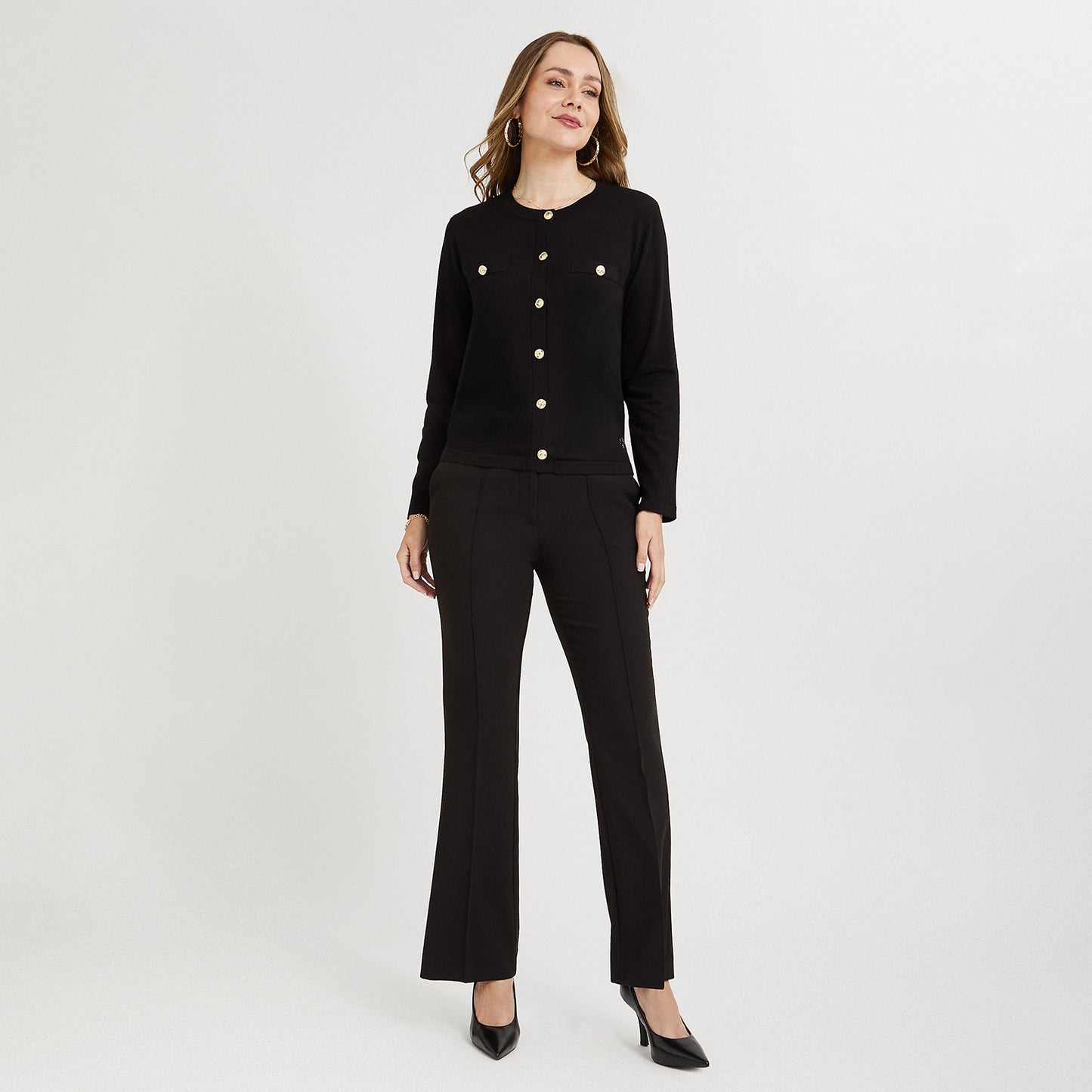 Cardigan Escote Redondo con Bolsillos Falsos Negro