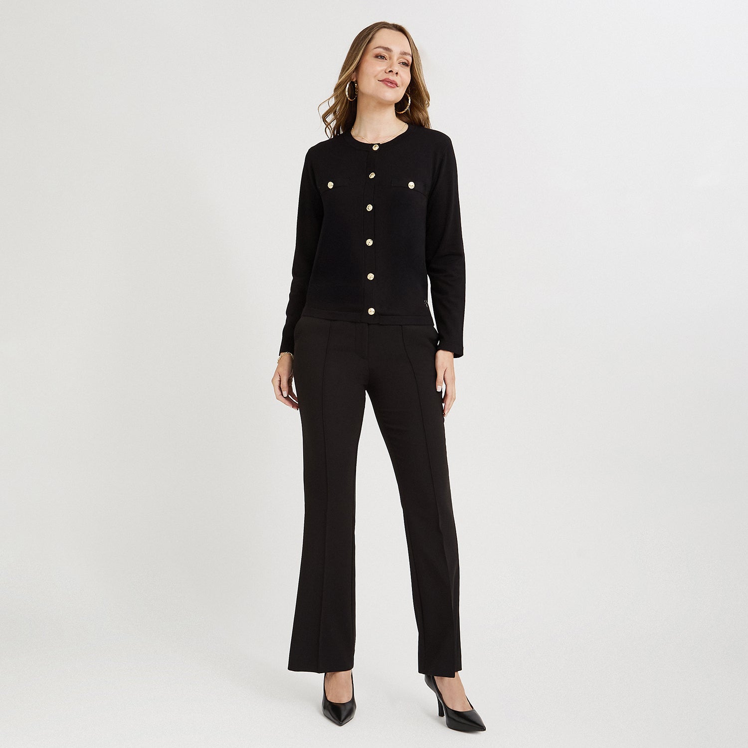 Cardigan Escote Redondo con Bolsillos Falsos Negro
