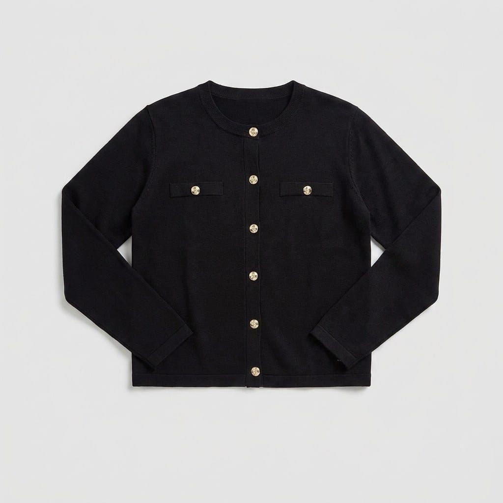 Cardigan Escote Redondo con Bolsillos Falsos Negro en plano