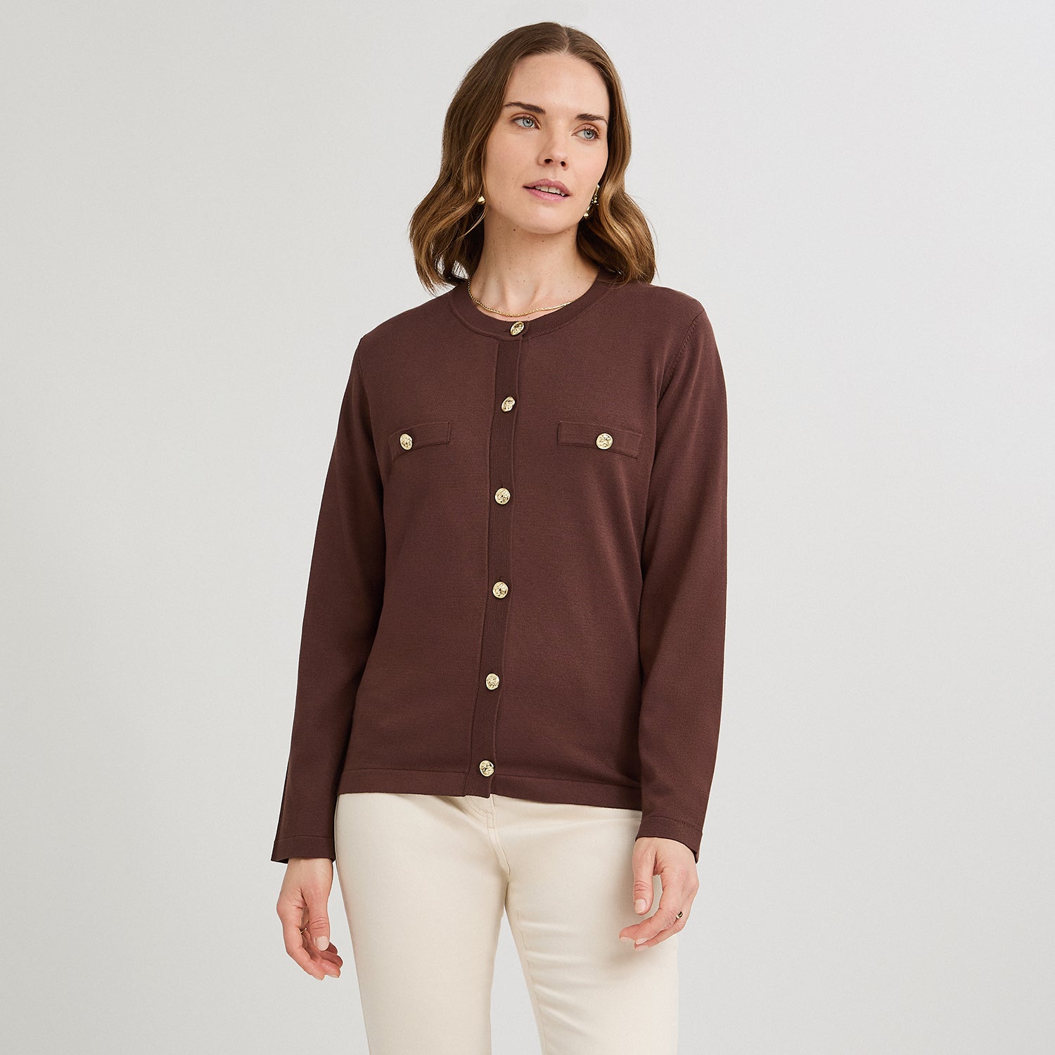 Cardigan Escote Redondo con Bolsillos Falsos Café