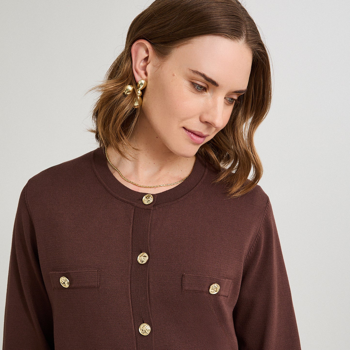 Cardigan Escote Redondo con Bolsillos Falsos Café