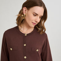 Cardigan Escote Redondo con Bolsillos Falsos Café