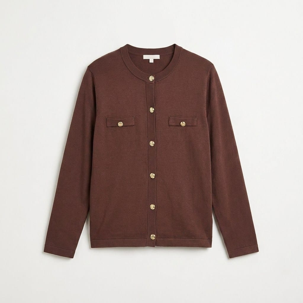 Cardigan Escote Redondo con Bolsillos Falsos Café en plano