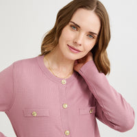 Cardigan Escote Redondo con Bolsillos Falsos Rosado