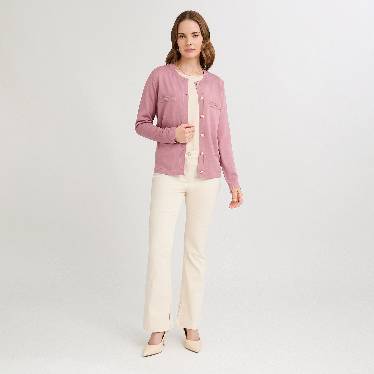 Cardigan Escote Redondo con Bolsillos Falsos Rosado