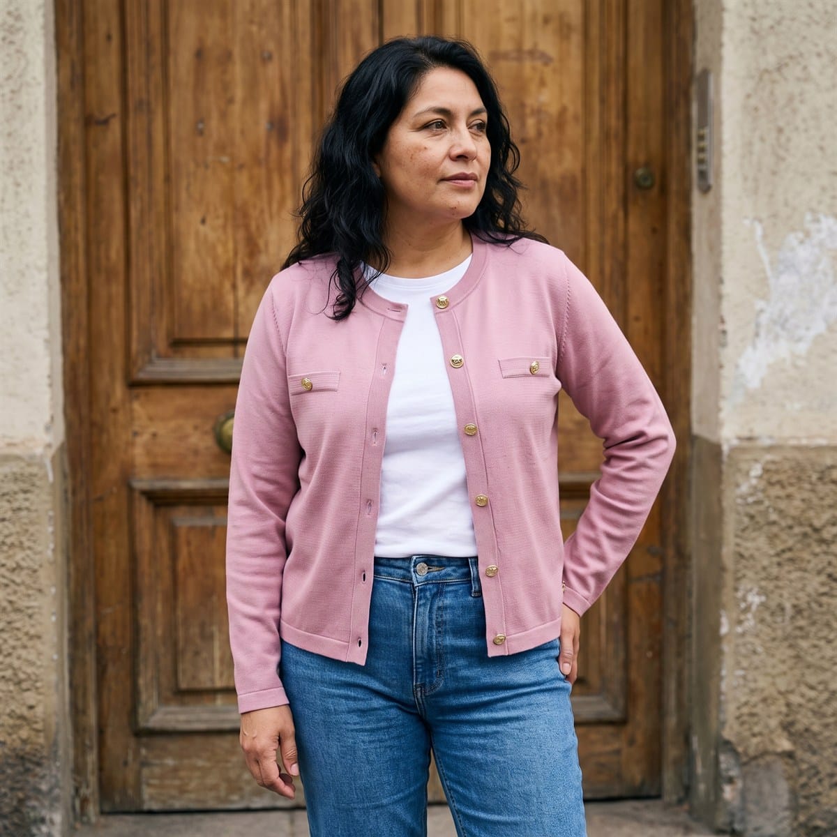 Cardigan Escote Redondo con Bolsillos Falsos Rosado lifestyle