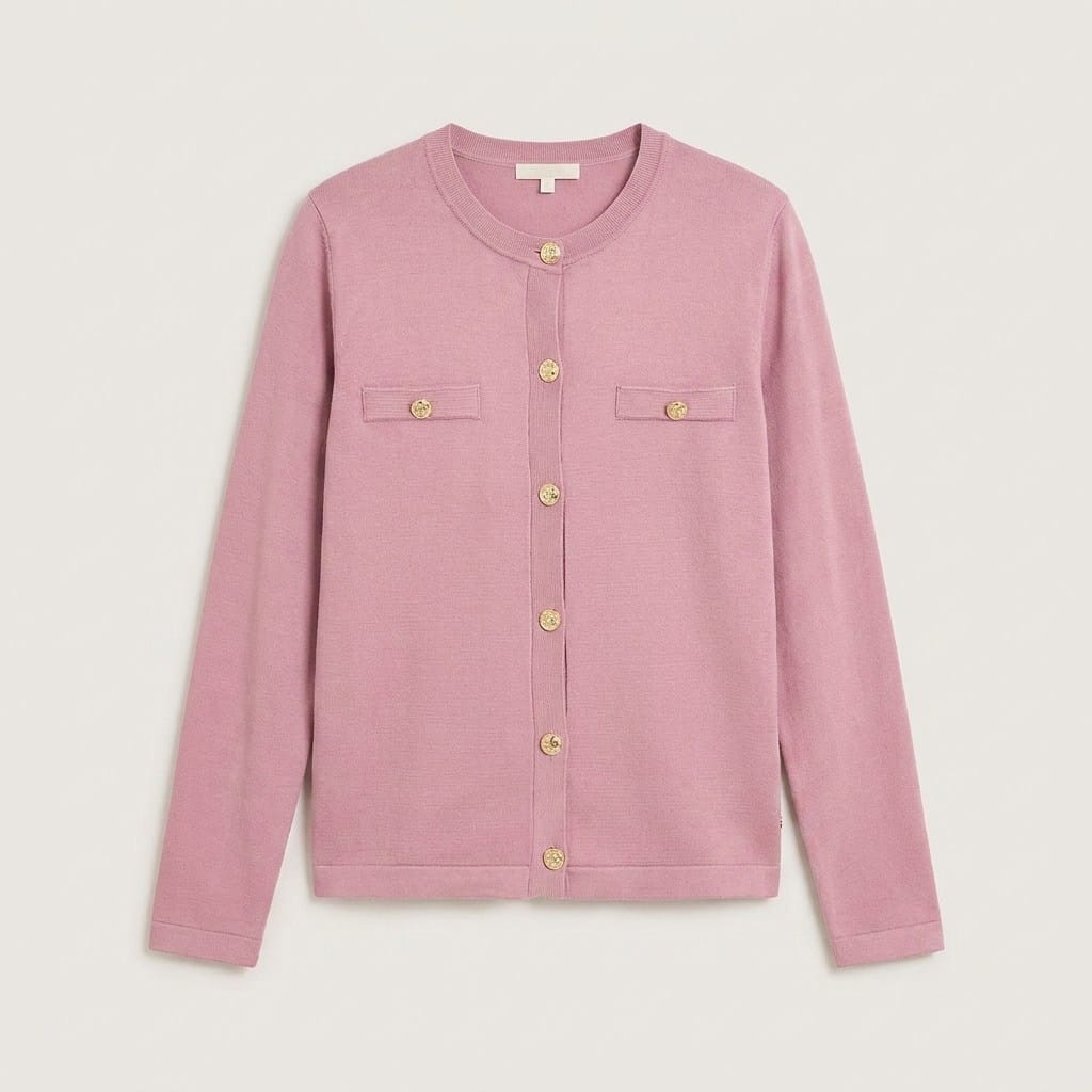 Cardigan Escote Redondo con Bolsillos Falsos Rosado en plano