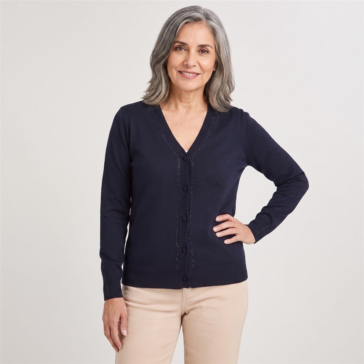 Cárdigan con Aplicación de Strass Azul en modelo adulta