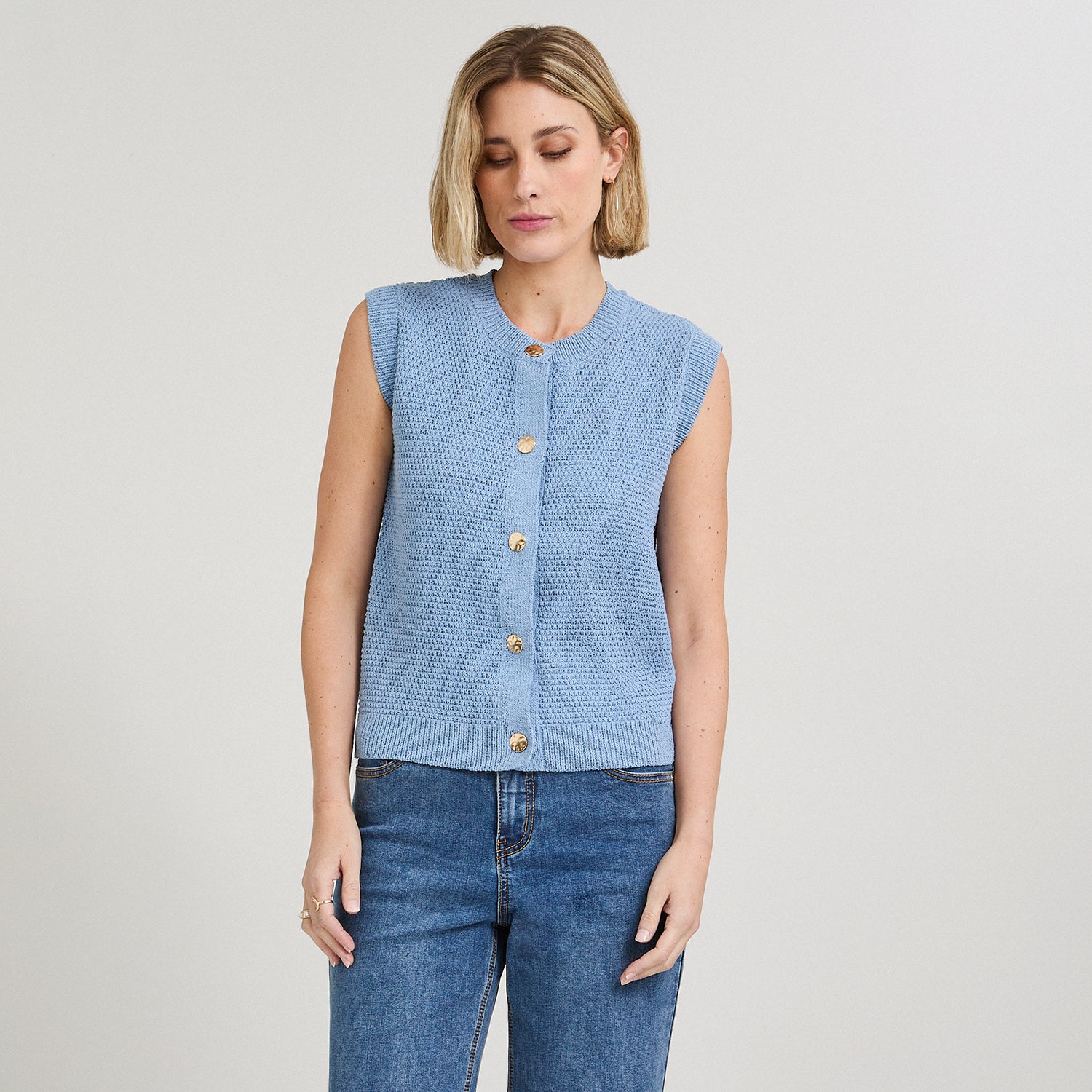 Cardigan sin Mangas Escote Redondo Celeste