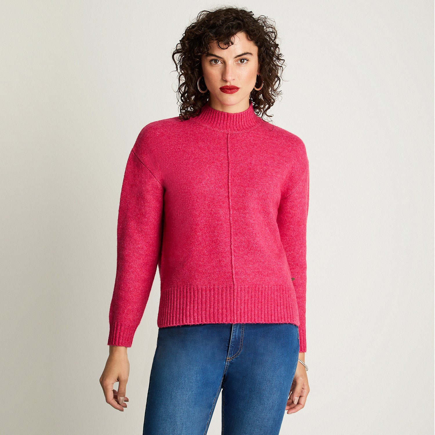 Tejido Manga Larga Cuello Mock Melange Rosado Curvi