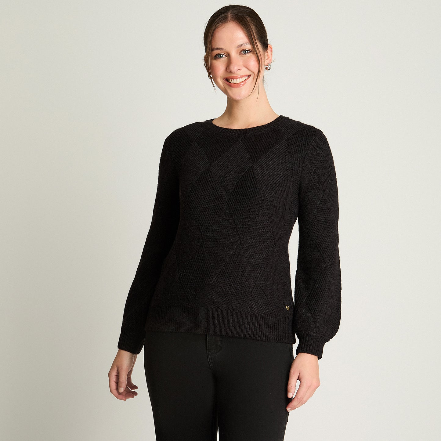 Sweater Manga Globo Rombos Negro Curvi