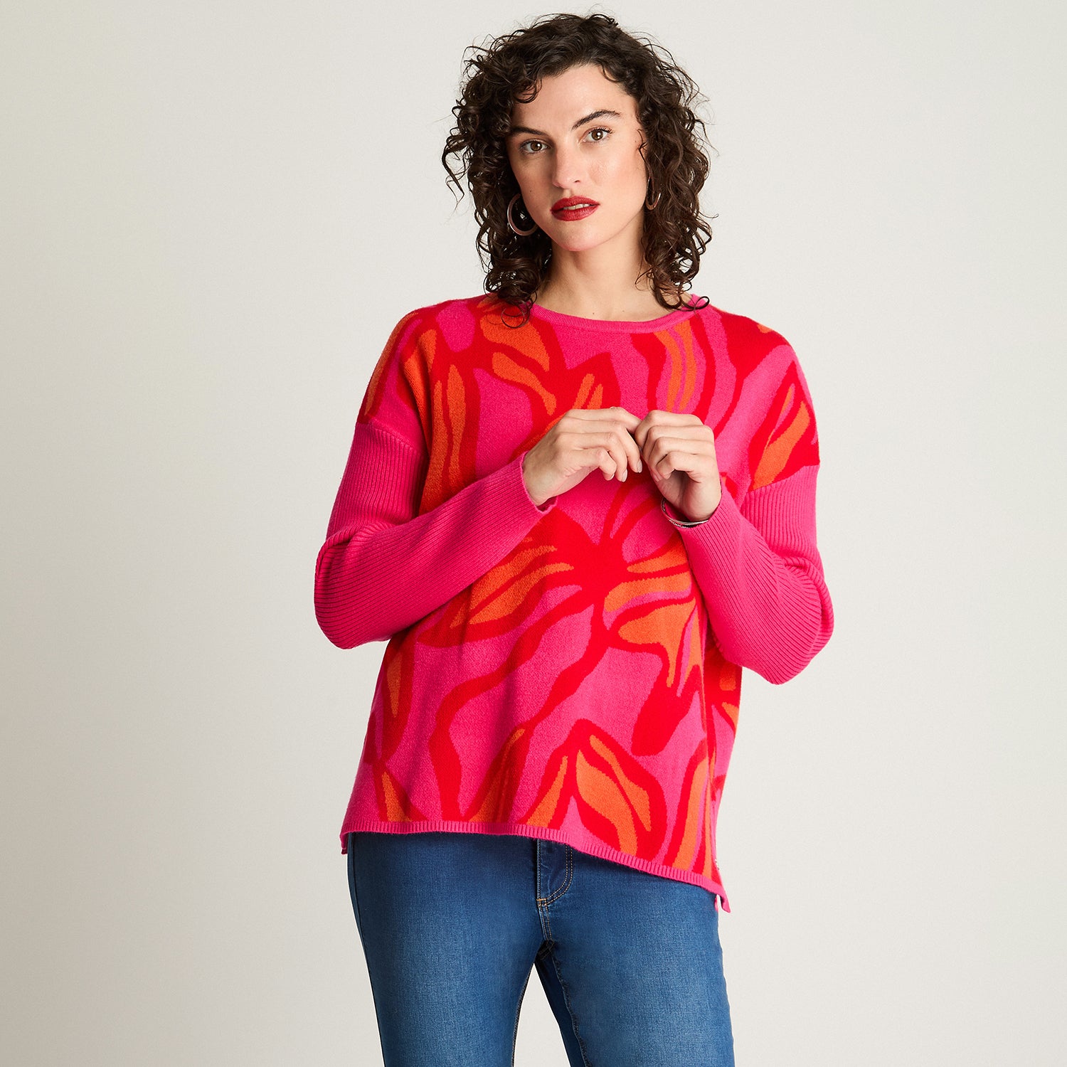 Tejido Jacquard Manga Larga Cuello Redondo Rojo Curvi