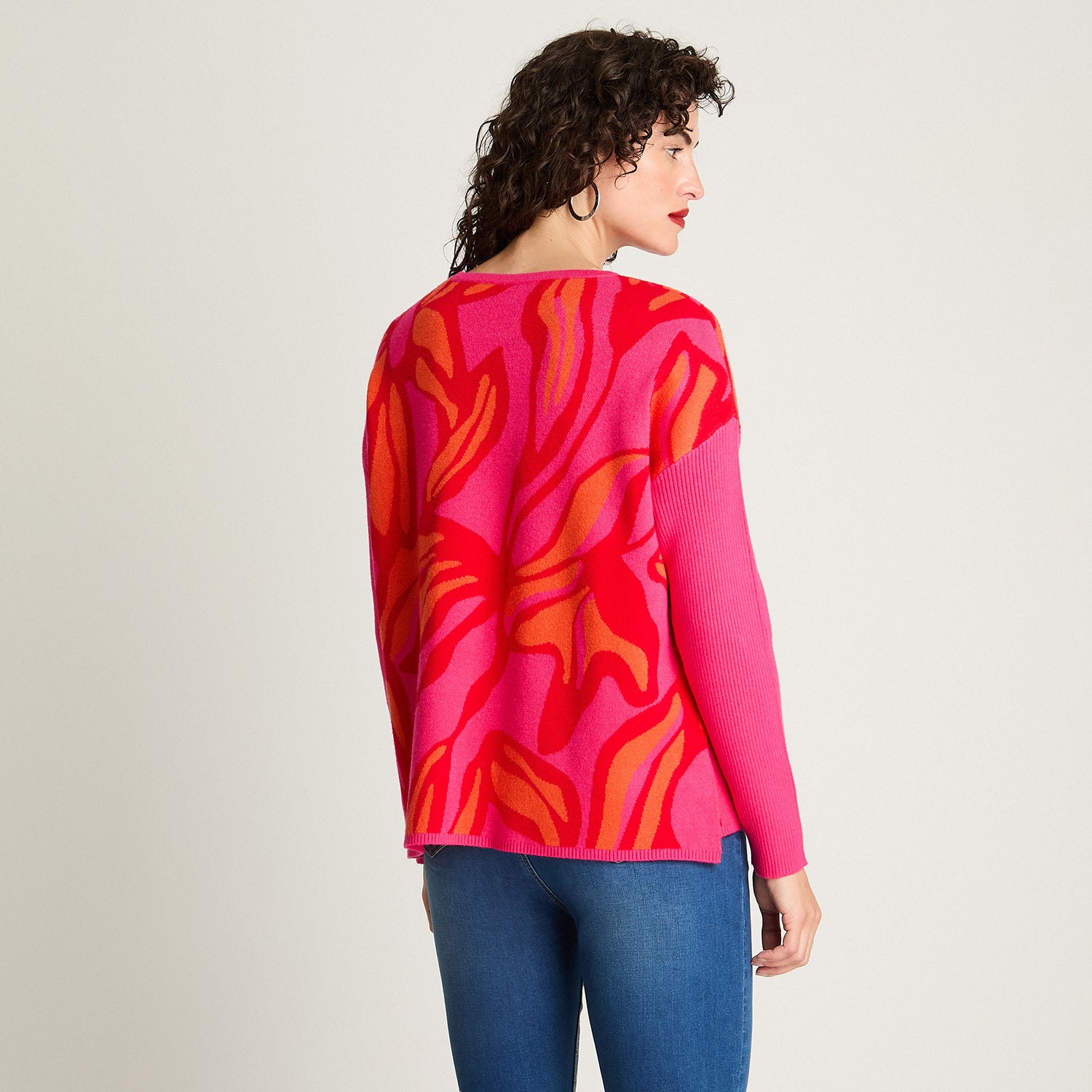 Tejido Jacquard Manga Larga Cuello Redondo Rojo Curvi
