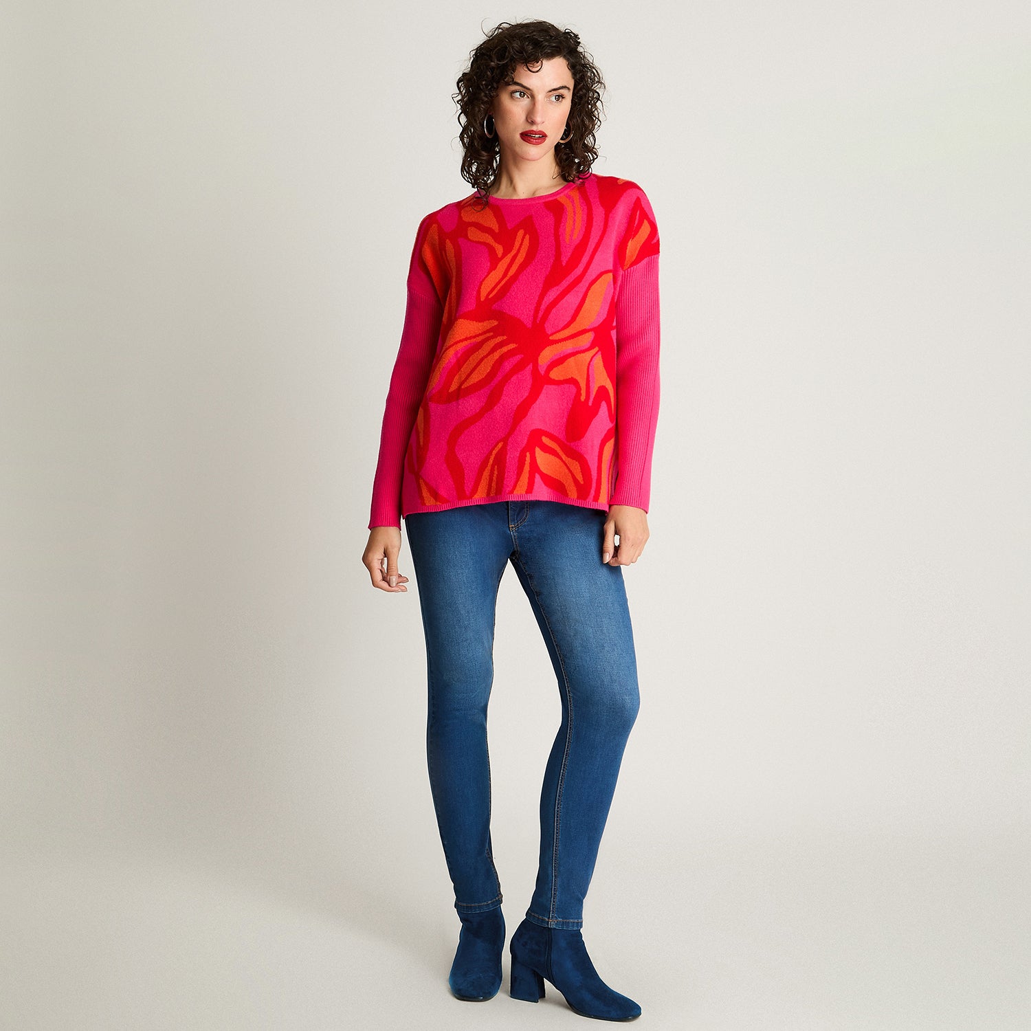 Tejido Jacquard Manga Larga Cuello Redondo Rojo Curvi