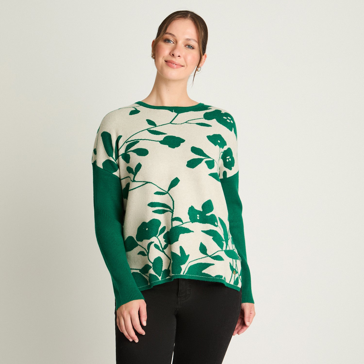 Tejido Jacquard Manga Larga Cuello Redondo Verde Curvi