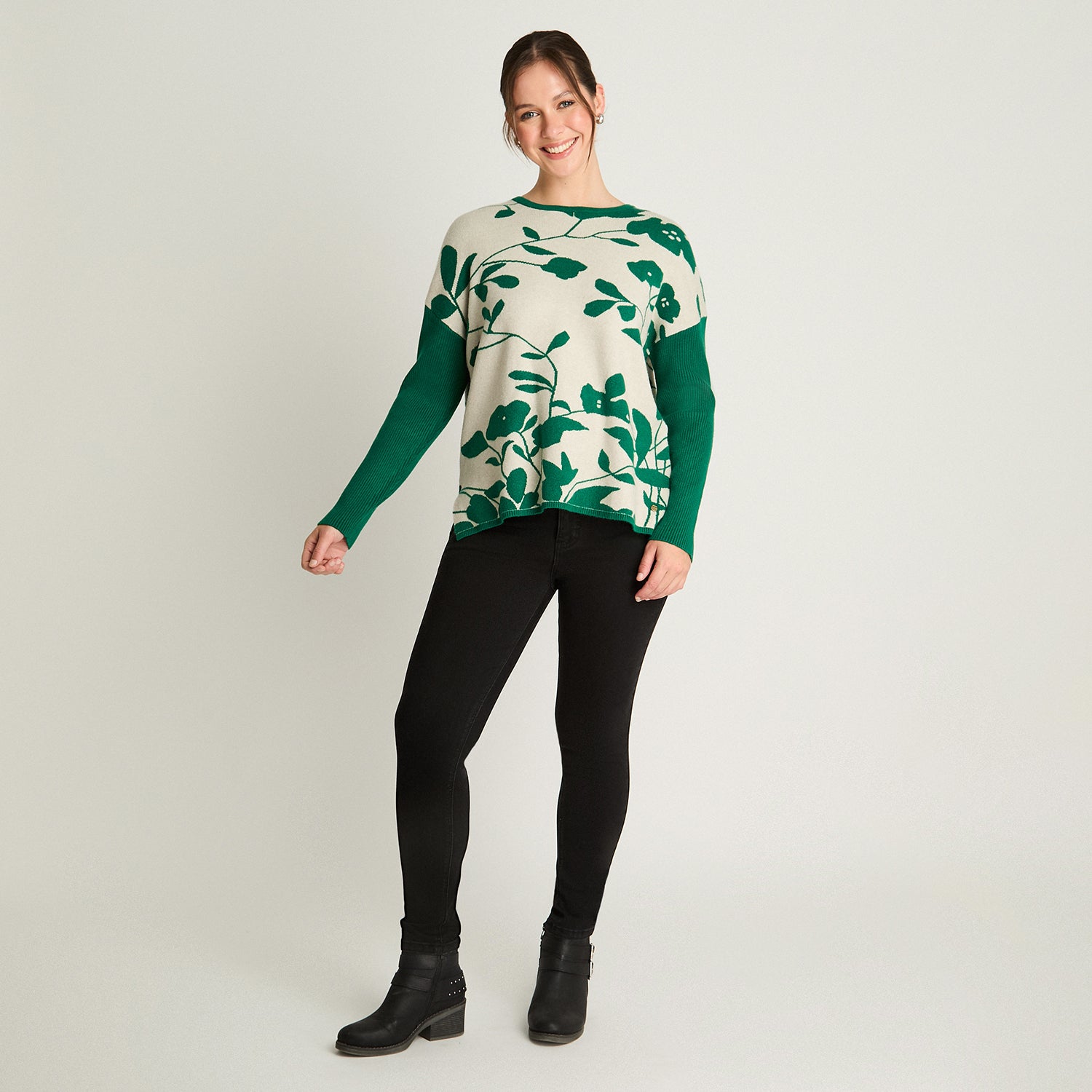 Tejido Jacquard Manga Larga Cuello Redondo Verde Curvi