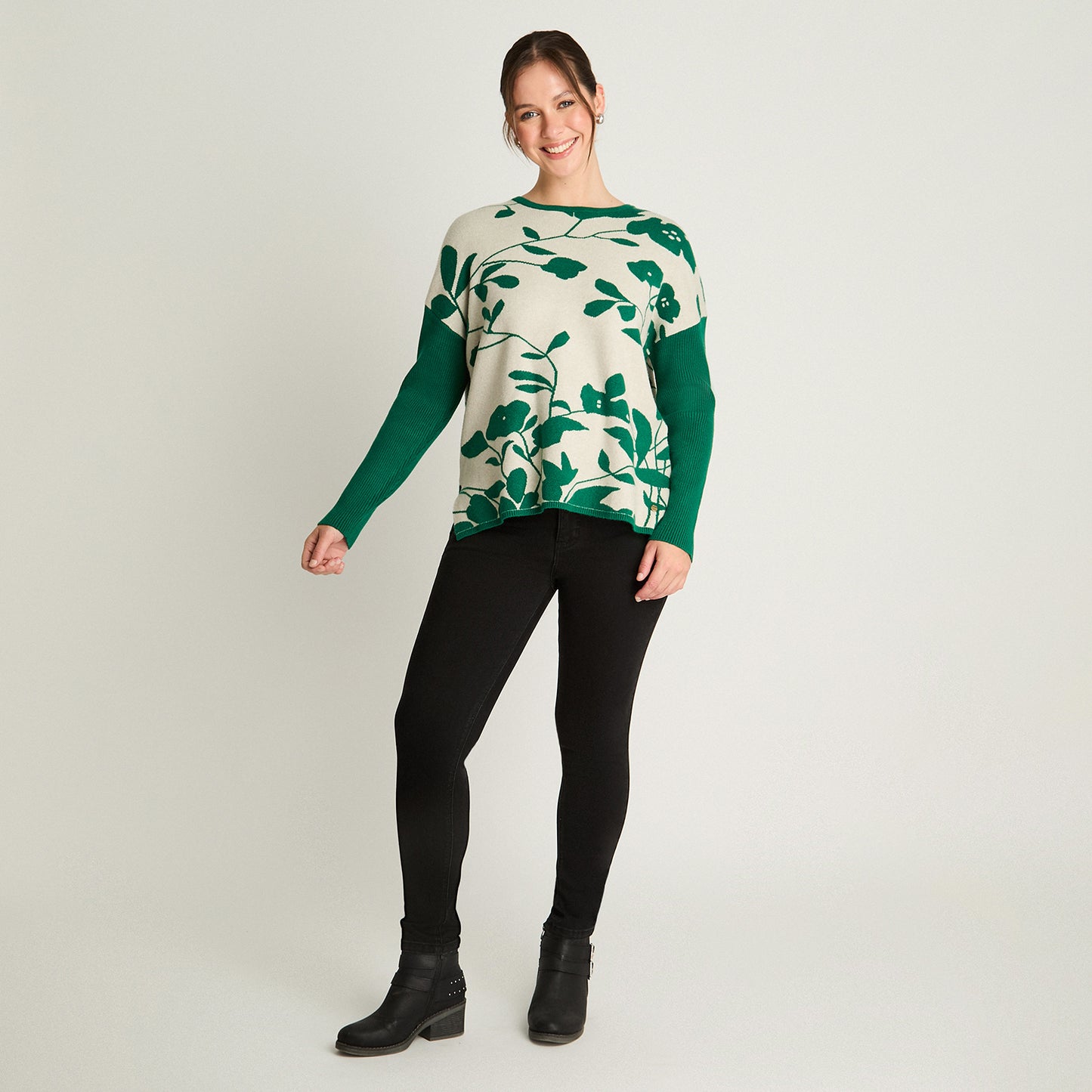 Tejido Jacquard Manga Larga Cuello Redondo Verde Curvi